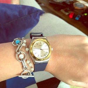Swatch two-tone silver/gold with navy blue band